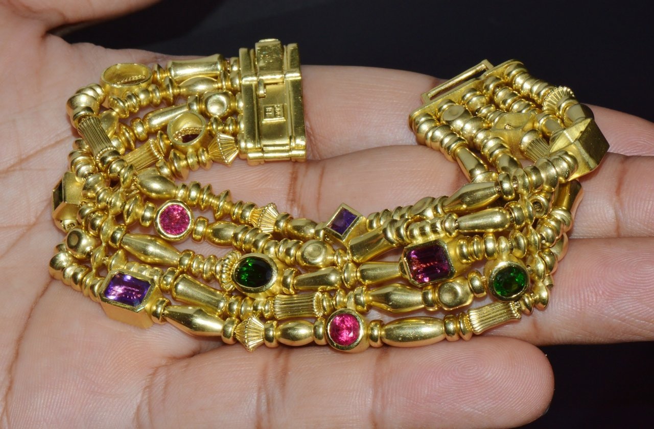 Designer Seidengang Natural Tourmaline Amethst Garnet 18K Solid Gold Multi-Strand Beaded Bracelet