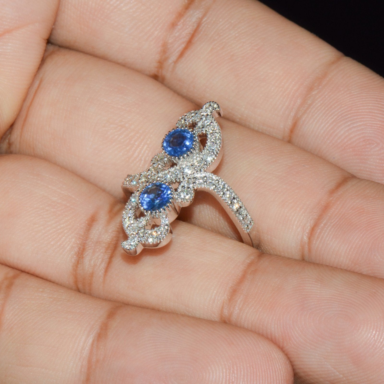 Certified Natural 1.40CTS Diamond & Sapphire 18K Solid White Gold Filigree Cocktail Ring