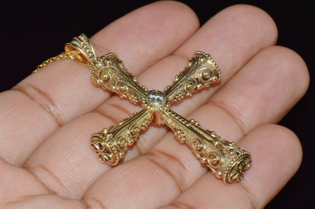 Certified Natural 0.88Cts Diamond Sapphire 18K 750 Solid Gold Filigree Cross Byzantine Greek Reversible Pendant