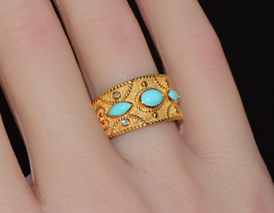 Gorgeous Natural Diamond Persian Turquoise 18K Solid Gold Byzantine Beaded Greek Ring Stacking Band