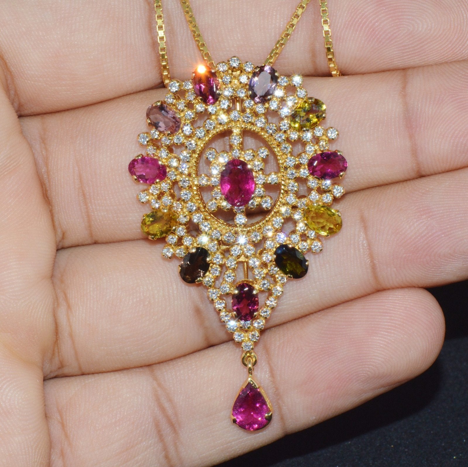 Certified Natural 10.46Cts VS G Diamond Multi Tourmaline 18K Gold Pendant Brooch