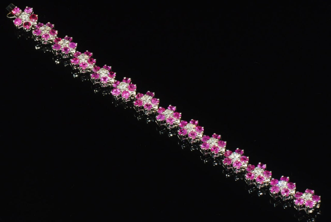 Certified Natural 18.6Ct VS F Diamond Ruby 18K Solid Gold Floral Tennis Bracelet