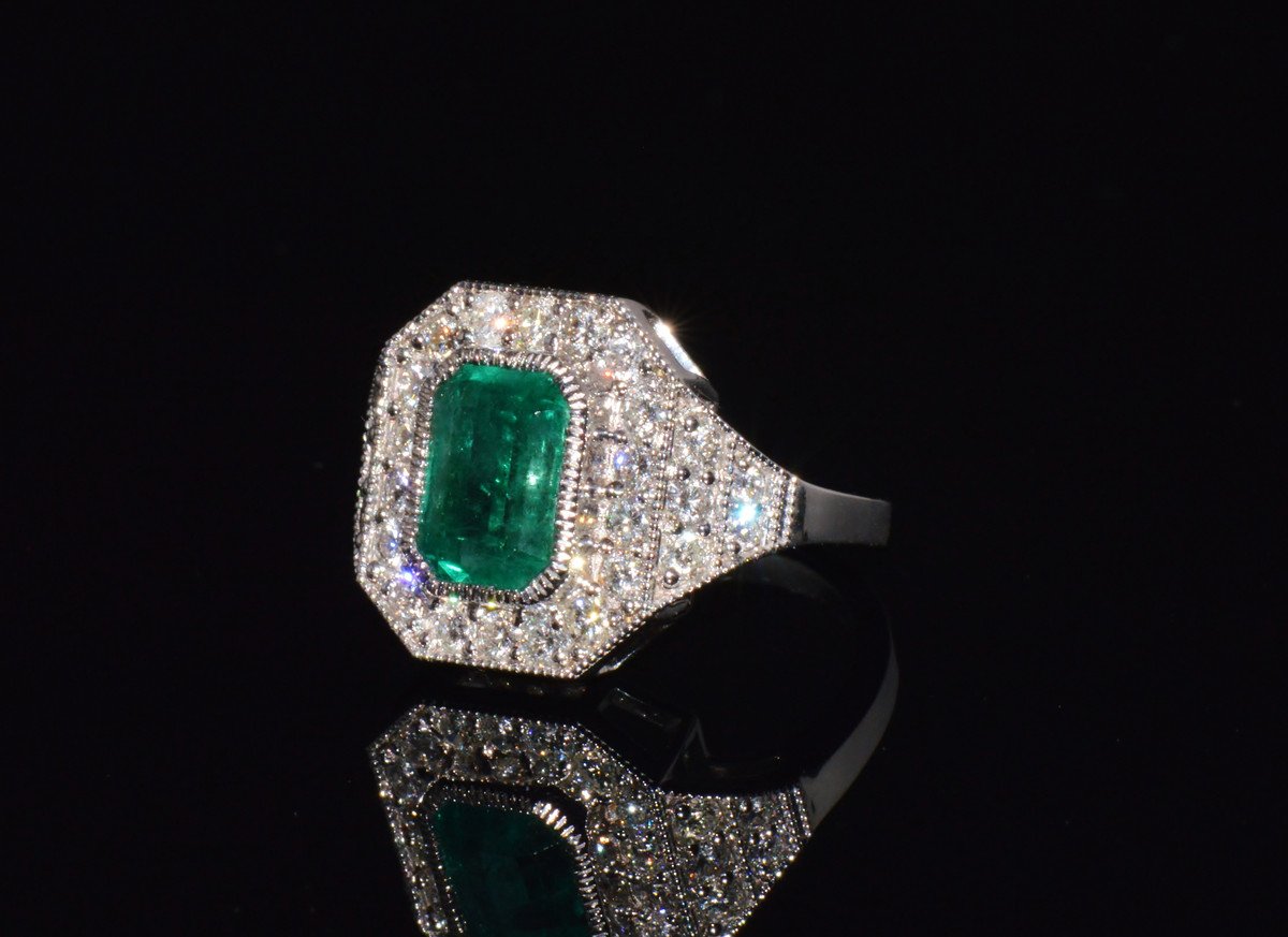 GIA Certified 3.98CT Natural Zambian Emerald & Diamond Tiered Halo Milgrain 18K White Gold Ring