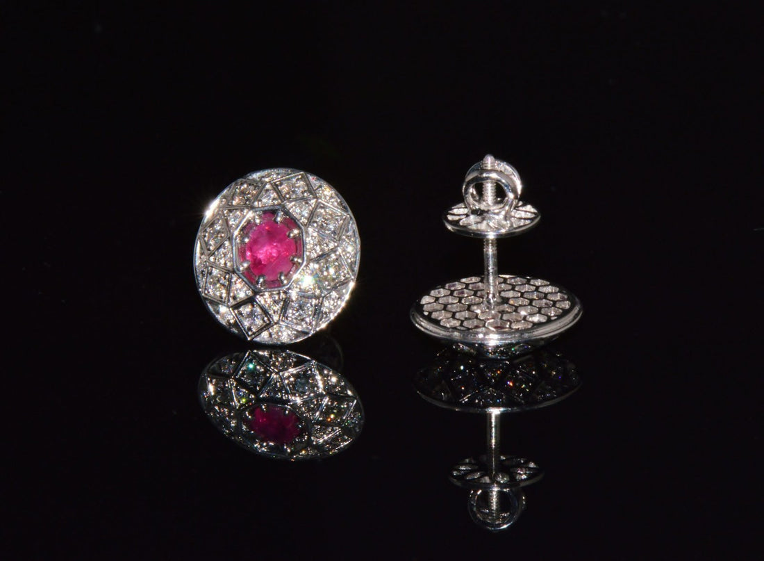Certified Natural 1.6CTS VS F Diamond Ruby 18K Solid Gold Geometric Disc Earrings