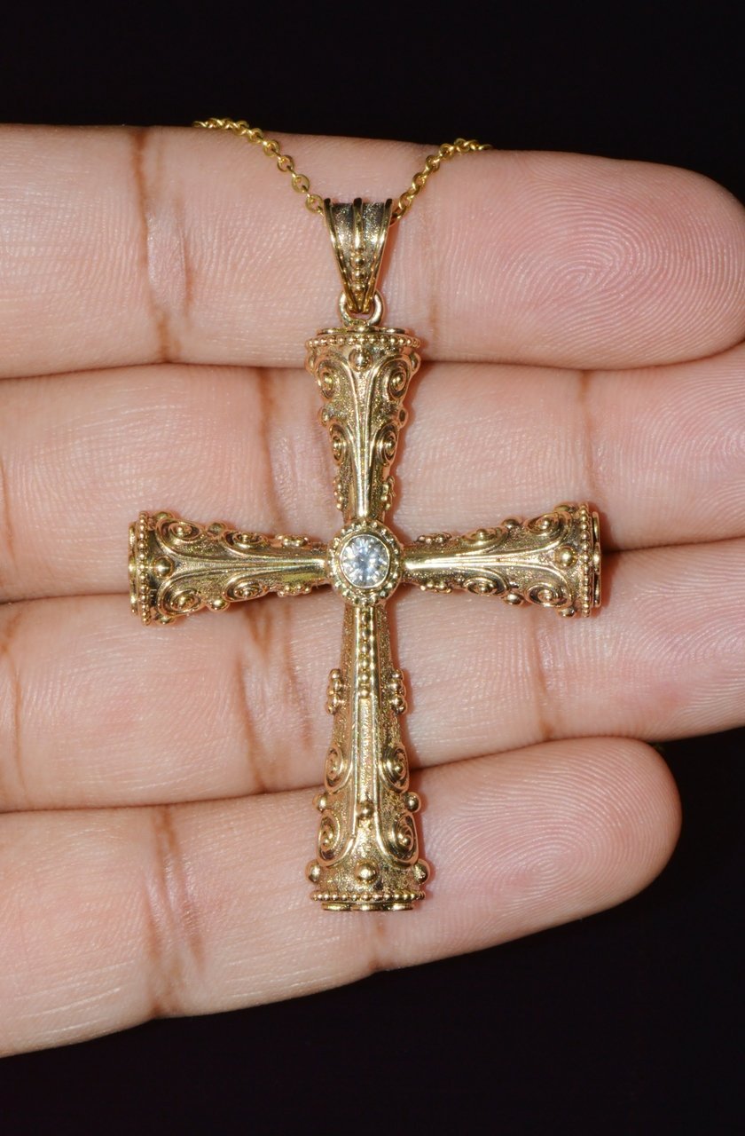Certified Natural 0.88Cts Diamond Sapphire 18K 750 Solid Gold Filigree Cross Byzantine Greek Reversible Pendant