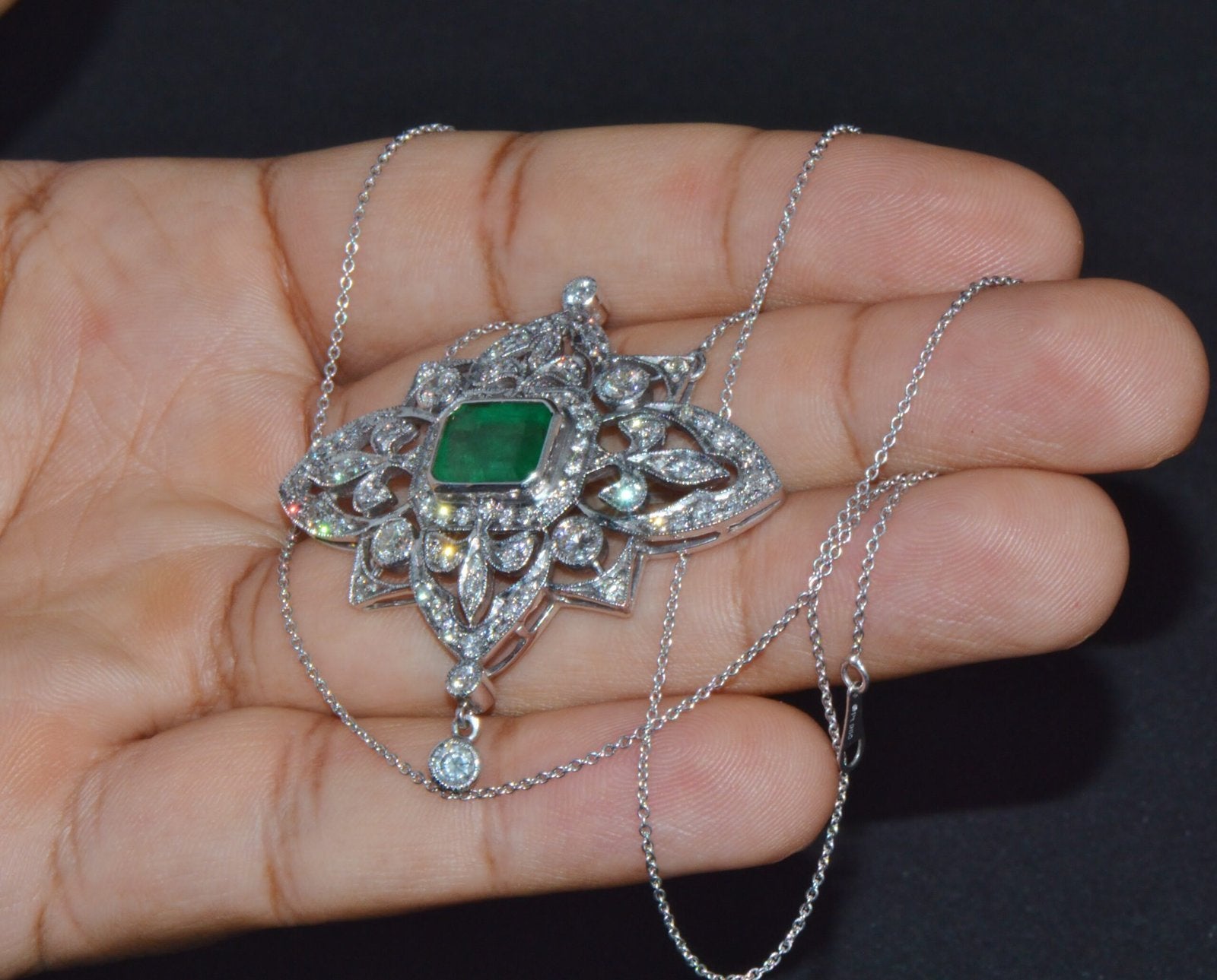 Vintage Art Deco GIA Natural 6.91Cts VS F Diamond Emerald 18K Solid Gold 950 Platinum Pendant Necklace