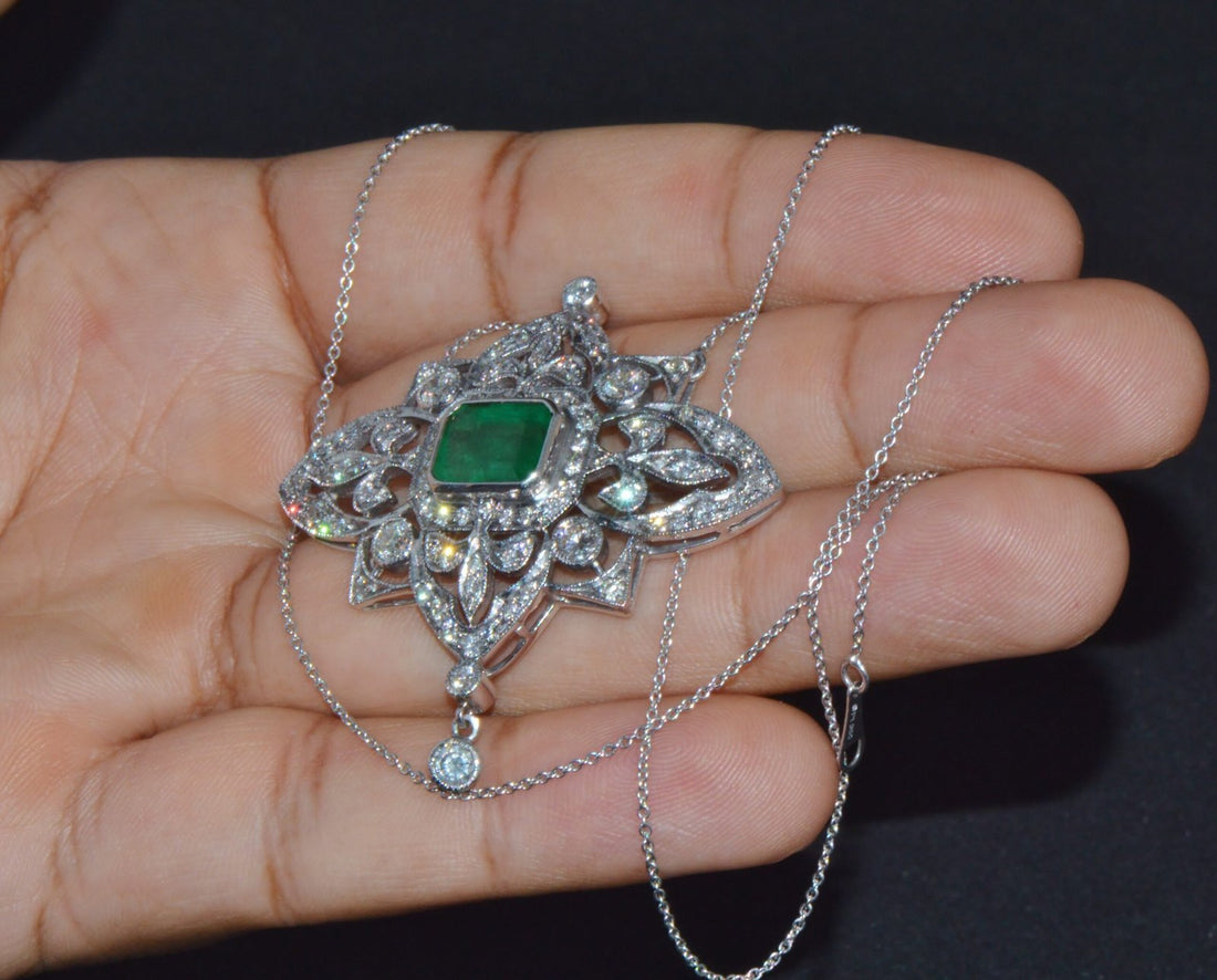 Vintage Art Deco GIA Natural 6.91Cts VS F Diamond Emerald 18K Solid Gold 950 Platinum Pendant Necklace