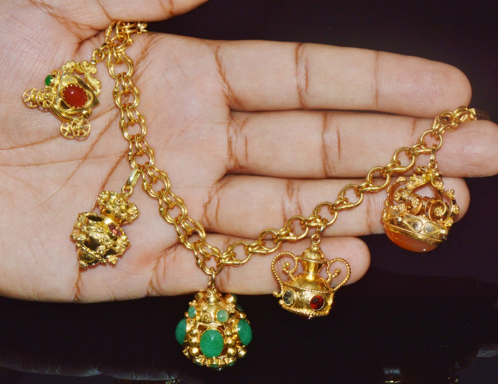 Vintage Portuguese Italian Solid 19.2K & 18K Gold Etruscan Revival Multigem Fob Charm Bracelet