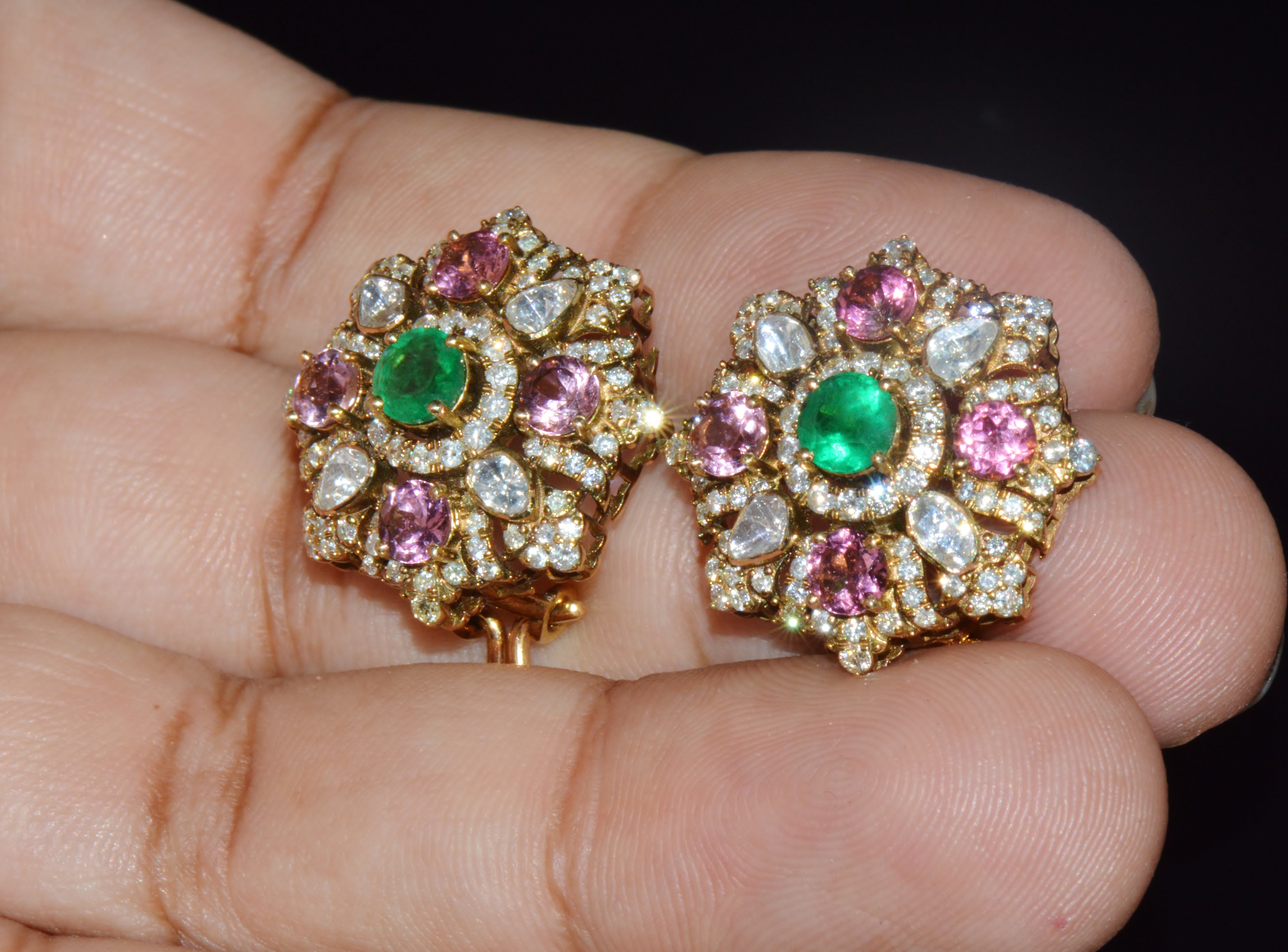 Natural 4.89CTS Diamond, Emerald & Pink Tourmaline 18K Gold Floral Earrings