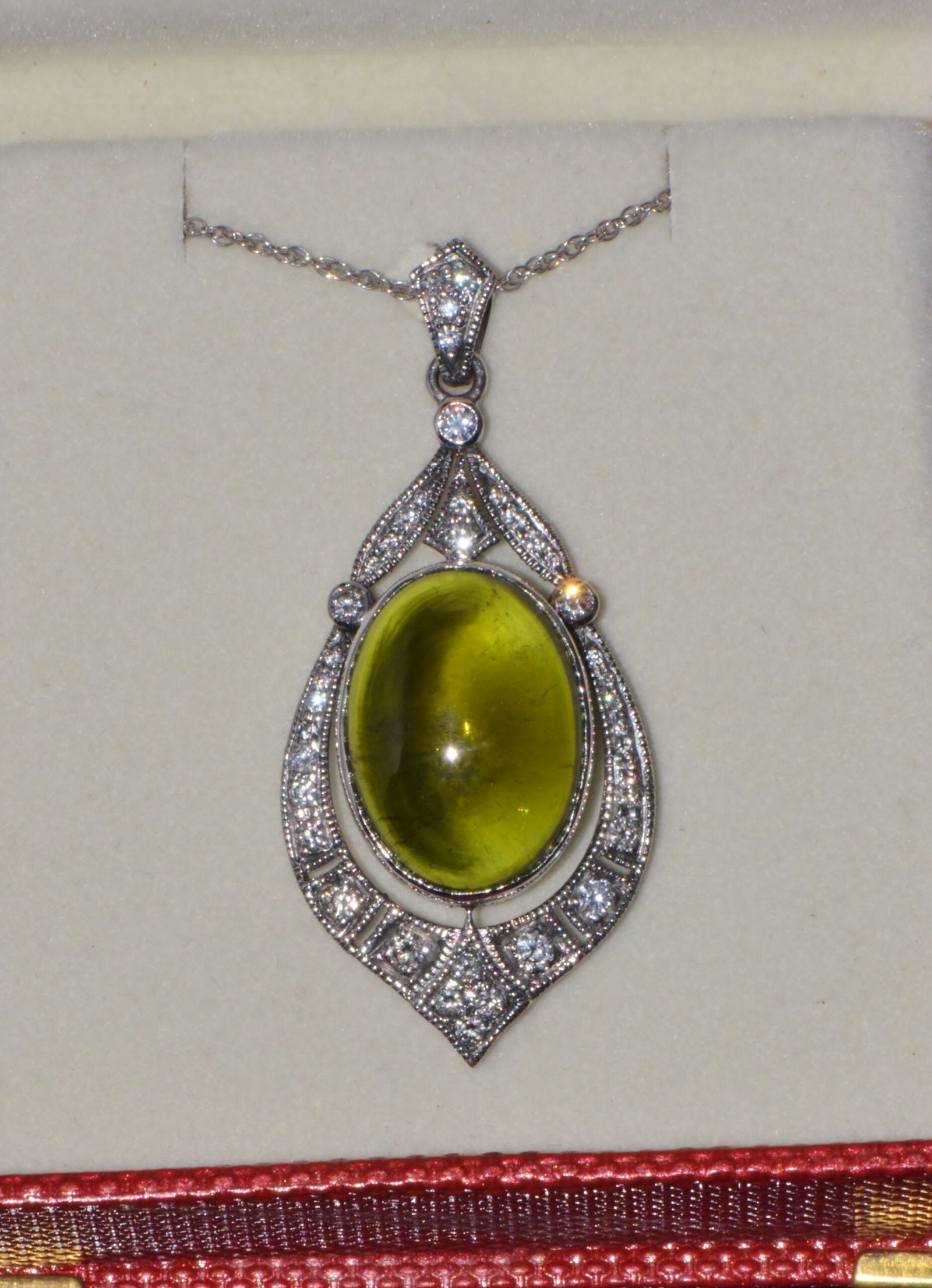 Certified Natural 28.17Cts Diamond Green Tourmaline 18K Gold Art Deco Slide Pendant Necklace