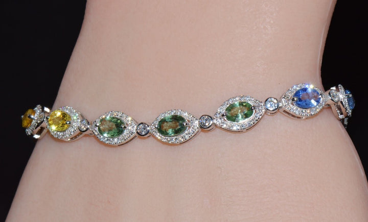 Certified Natural 11.32CTS VS F Diamond Multi-Color Sapphire 18K Solid Gold Tennis Stacking Bracelet