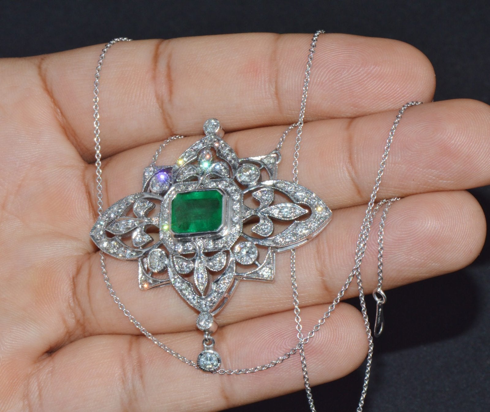 Vintage Art Deco GIA Natural 6.91Cts VS F Diamond Emerald 18K Solid Gold 950 Platinum Pendant Necklace
