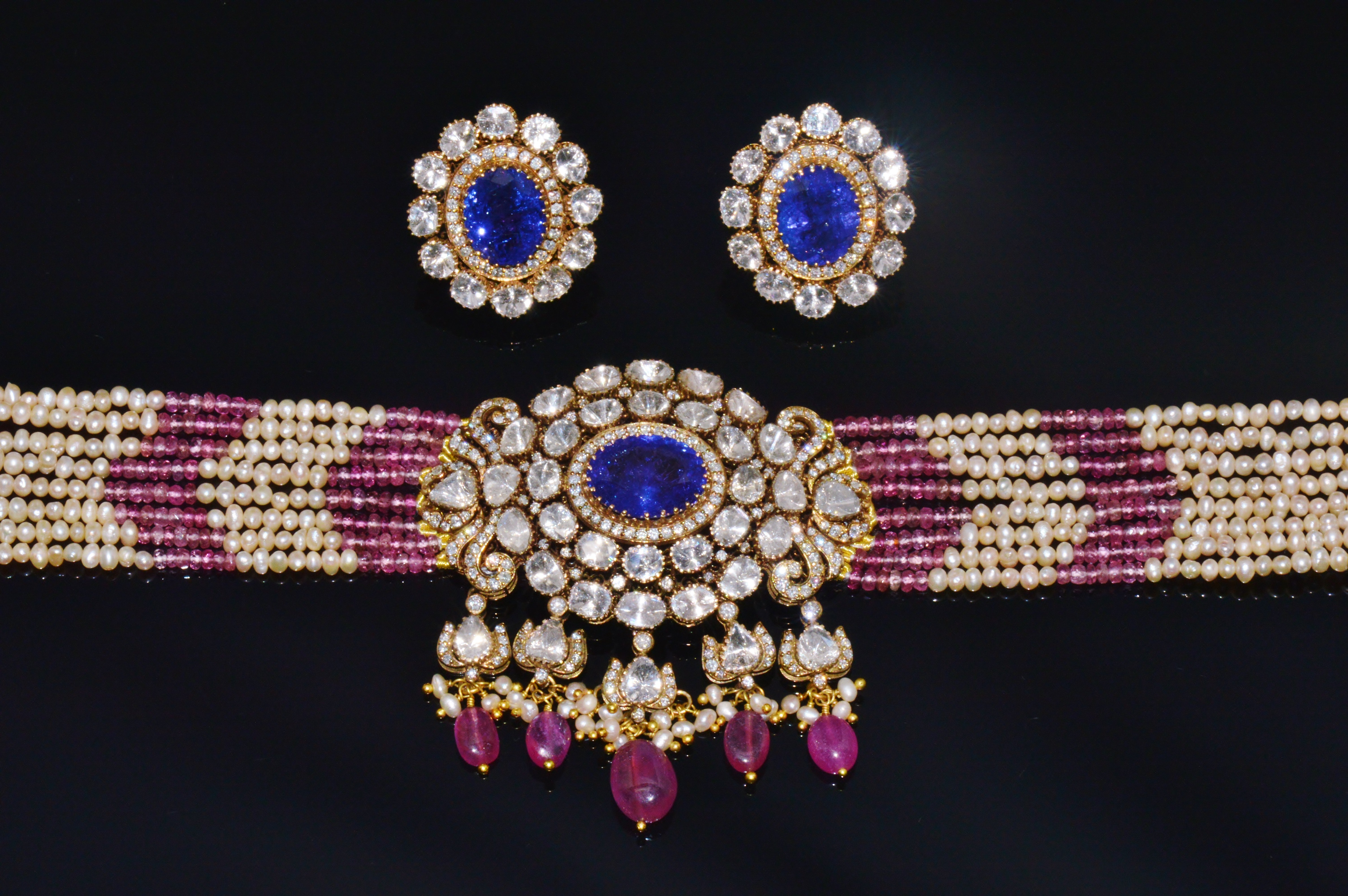 Natural 121.63Cts Tanzanite Uncut Diamond Pearl Ruby Tourmaline Solid 18K Gold Choker Necklace & Earrings Set