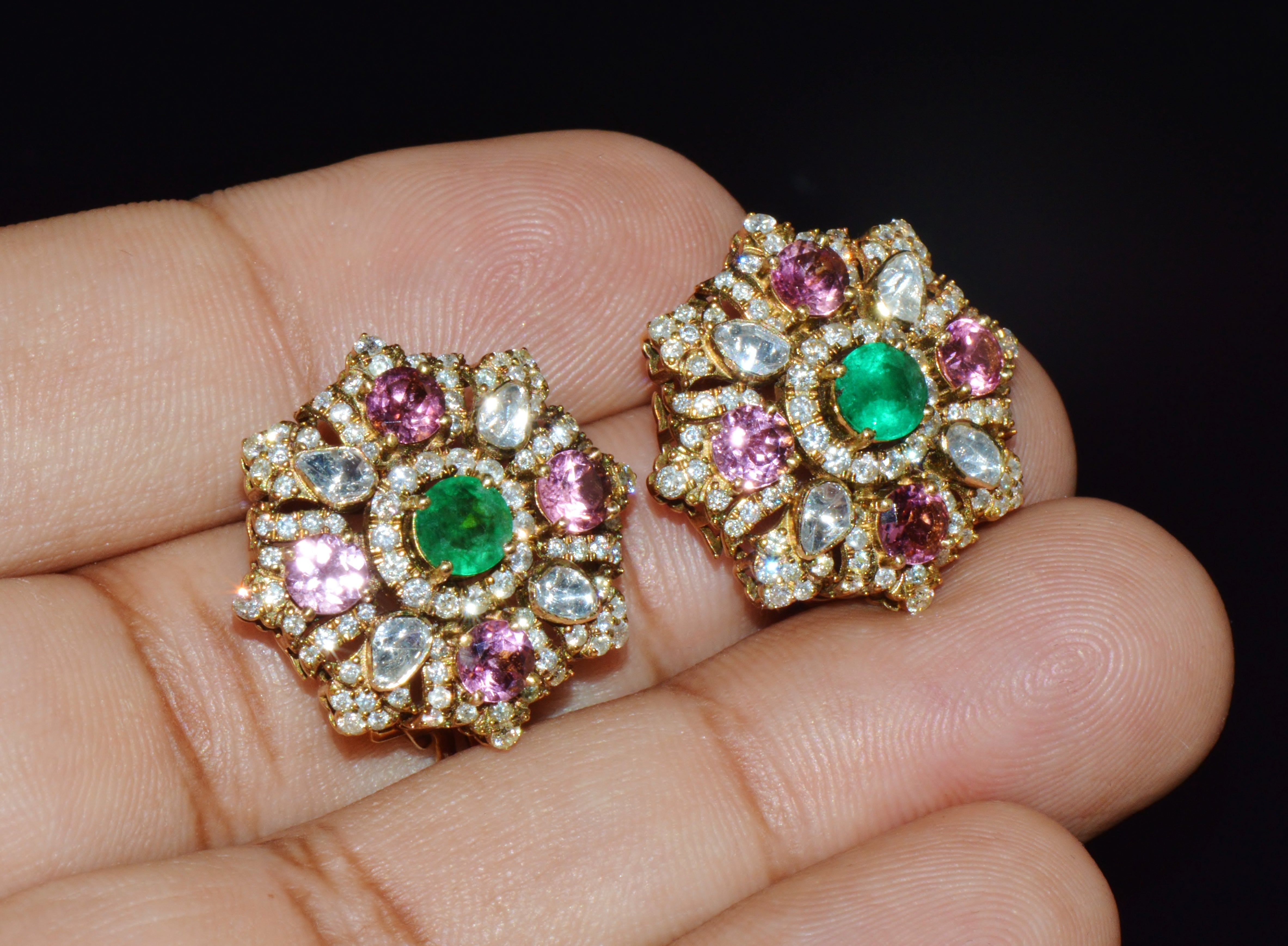 Natural 4.89CTS Diamond, Emerald & Pink Tourmaline 18K Gold Floral Earrings