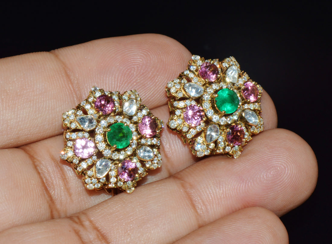 Natural 4.89CTS Diamond, Emerald & Pink Tourmaline 18K Gold Floral Earrings
