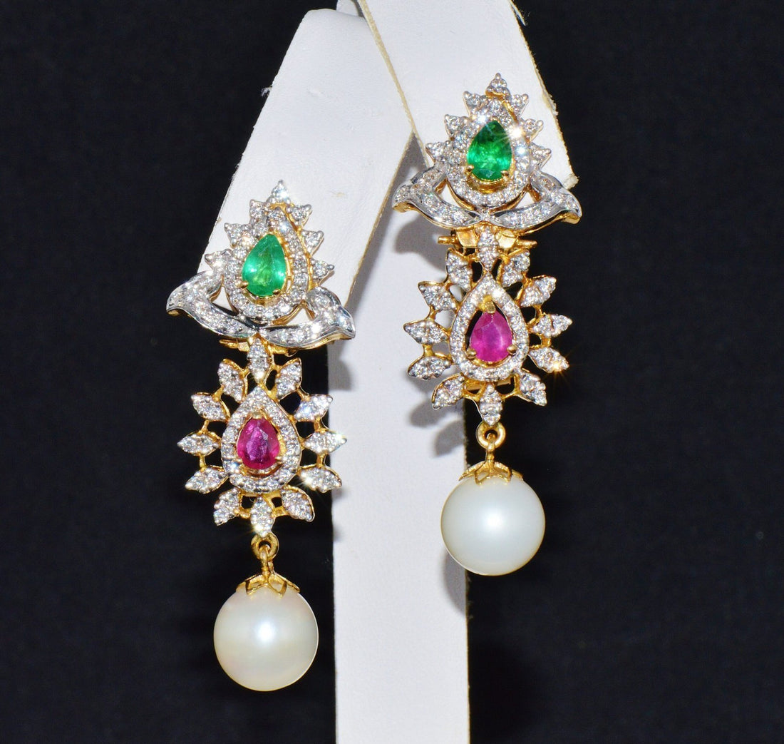 Certified Natural 116CT VS F Diamond Emerald Ruby Pearl 18K Gold 2-IN-1 Earrings