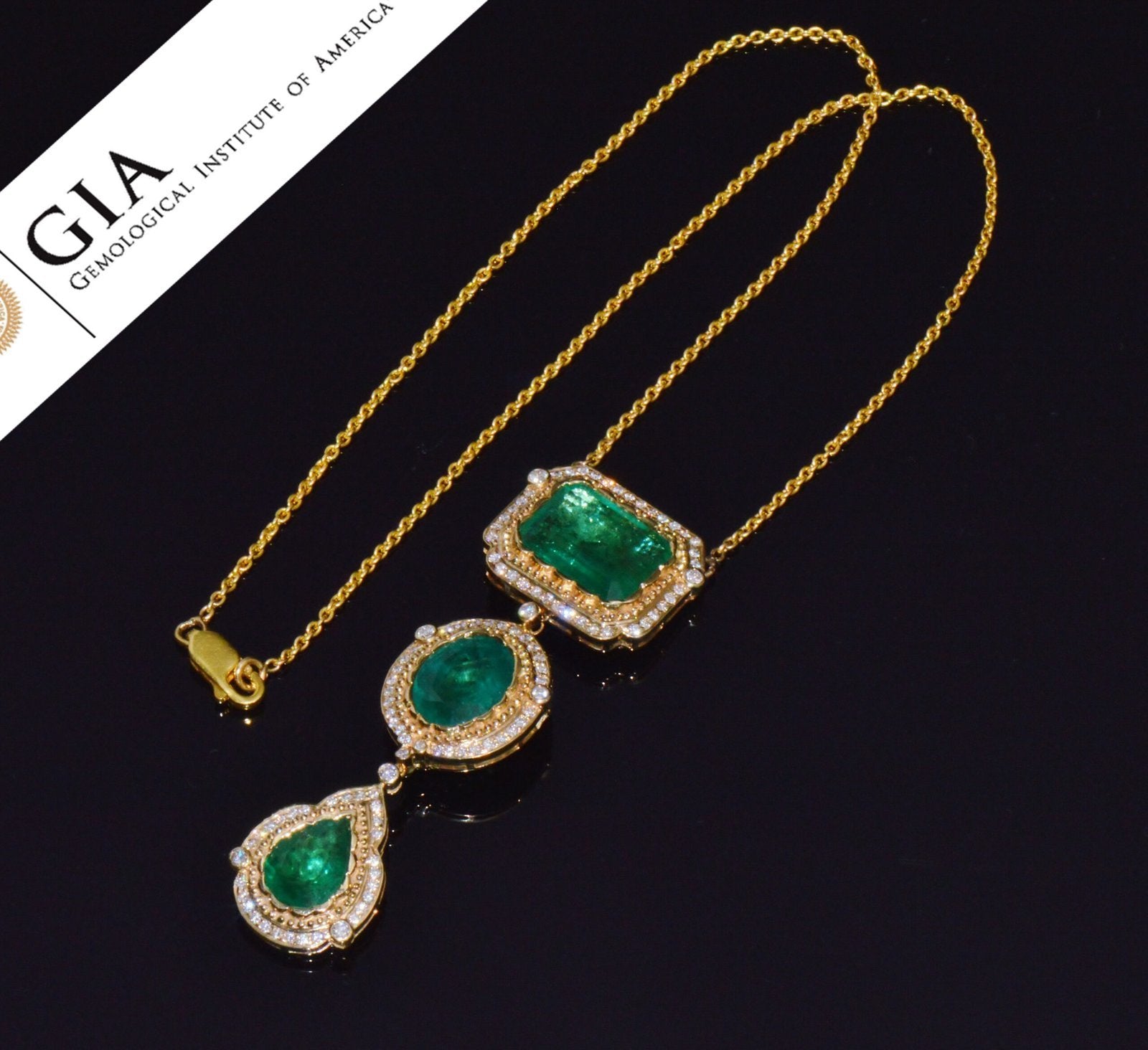 GIA Natural 18.4Cts VS F Diamond Emerald 18K Solid Gold Reversible 2-in-1 Pendant Necklace