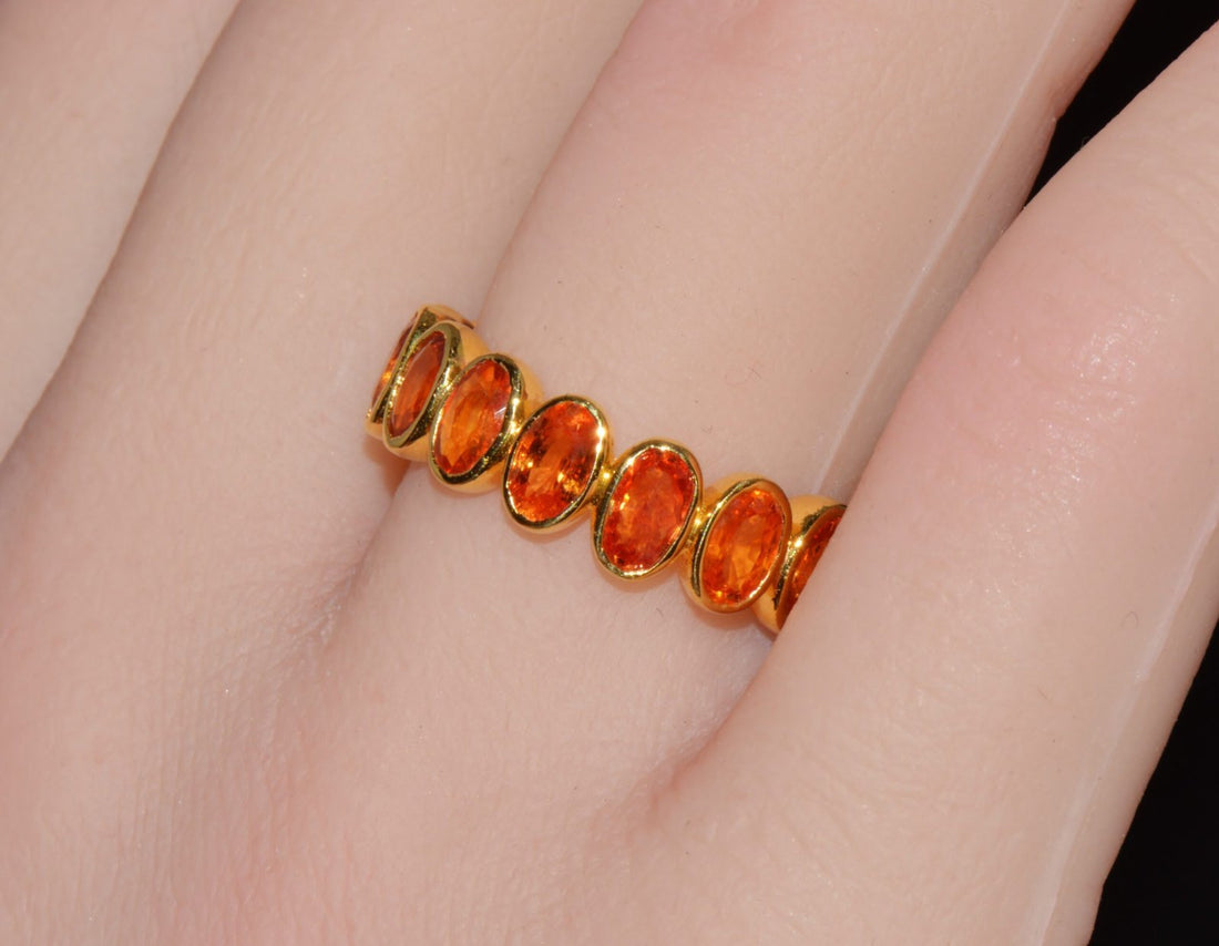 Certified Natural 5.04Cts Orange Sapphire Solid 18K Gold Eternity Band Ring Sz 6.5