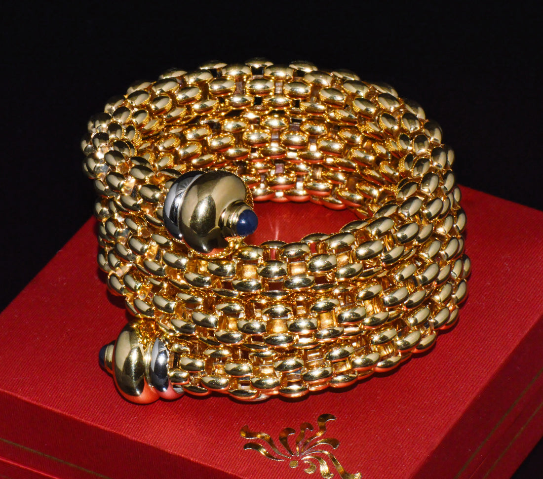 Italian FOPE Flex’it Blue Sapphire Woven Triple Wrap Bangle Bracelet in 18K Yellow & White Gold