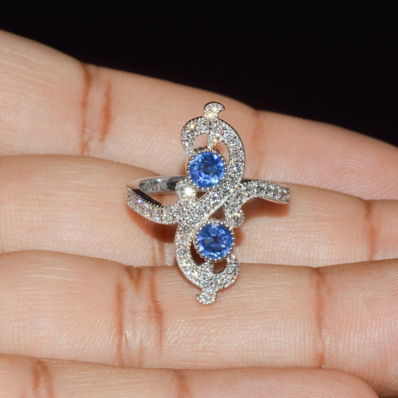 Certified Natural 1.40CTS Diamond & Sapphire 18K Solid White Gold Filigree Cocktail Ring