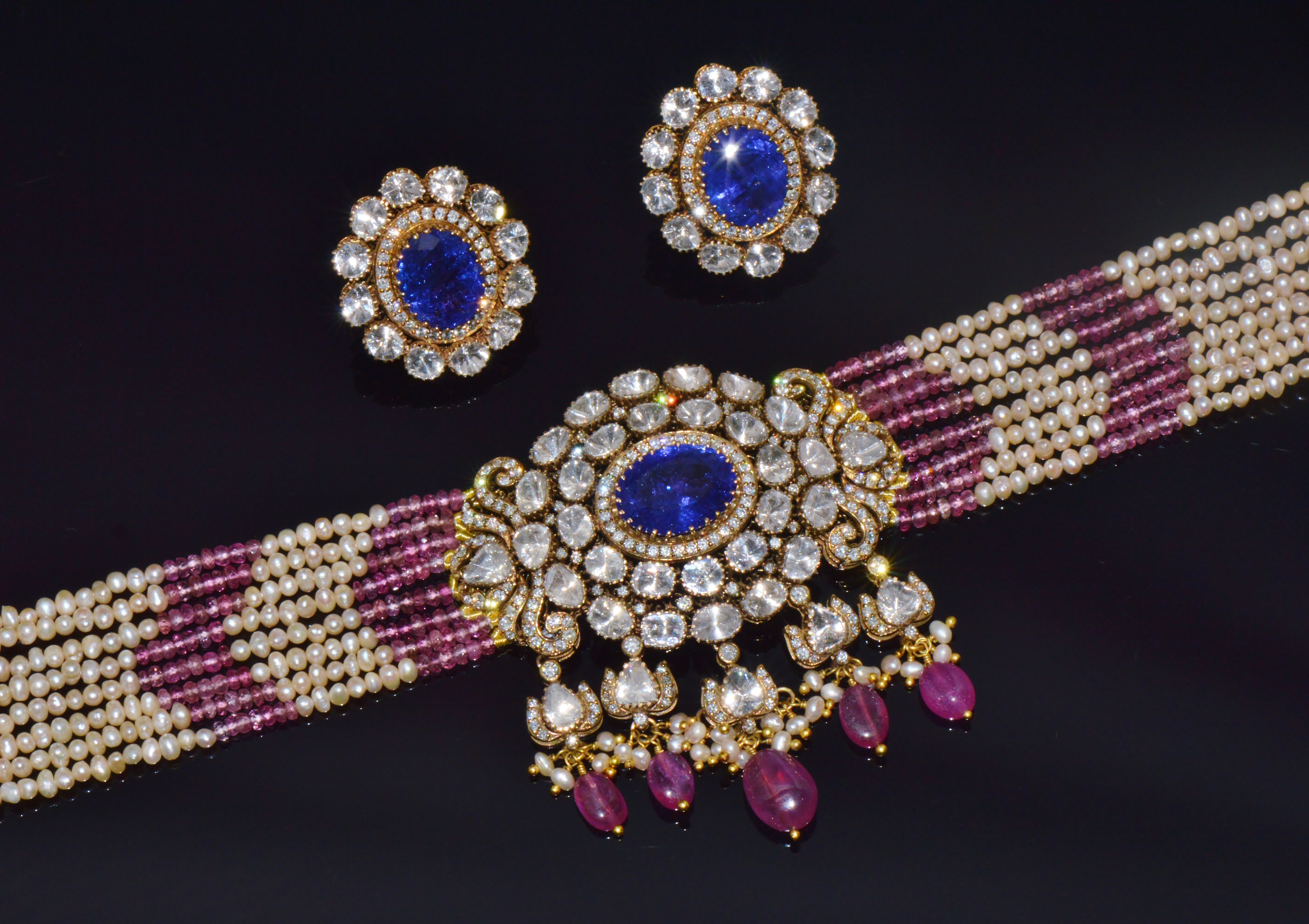 Natural 121.63Cts Tanzanite Uncut Diamond Pearl Ruby Tourmaline Solid 18K Gold Choker Necklace & Earrings Set
