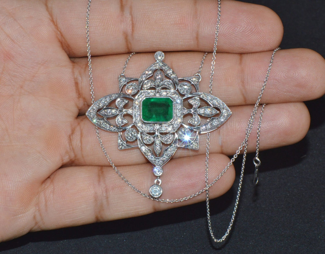 Vintage Art Deco GIA Natural 6.91Cts VS F Diamond Emerald 18K Solid Gold 950 Platinum Pendant Necklace