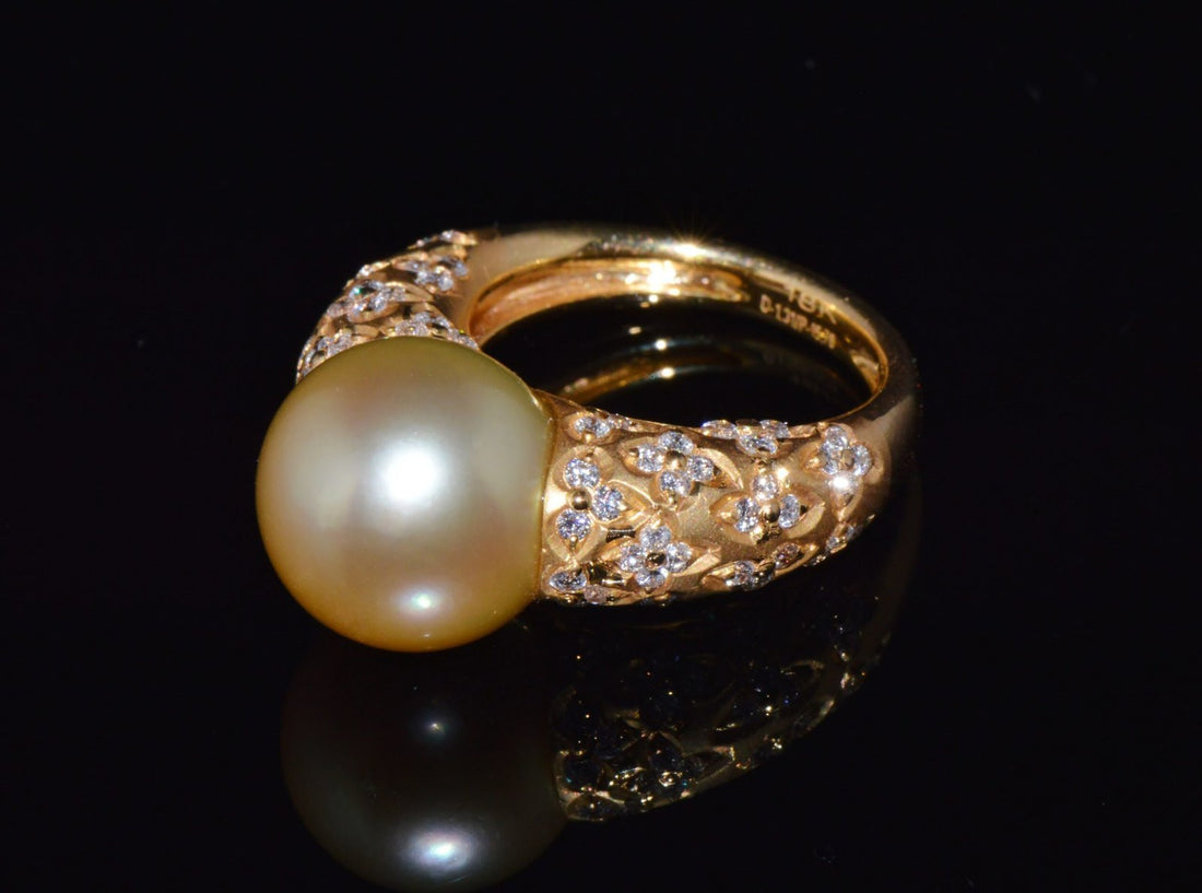 Certified Natural 1.31Cts VS F Diamond 13MM South Sea Pearl 18K Solid Gold Ring