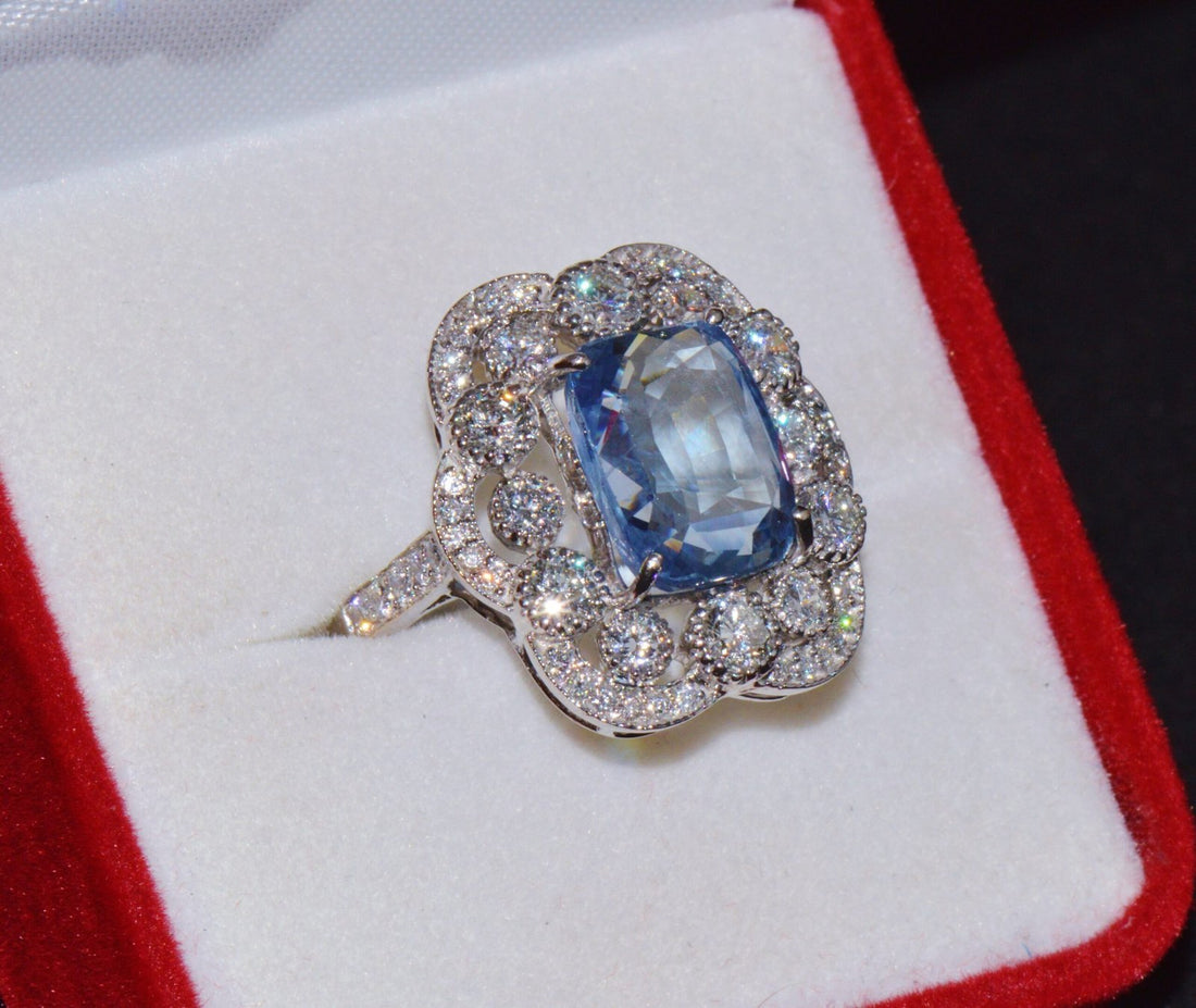GIA Natural 9.66CTS VS F Diamond No Heat Blue Sapphire 750 18K Gold Cocktail Ring