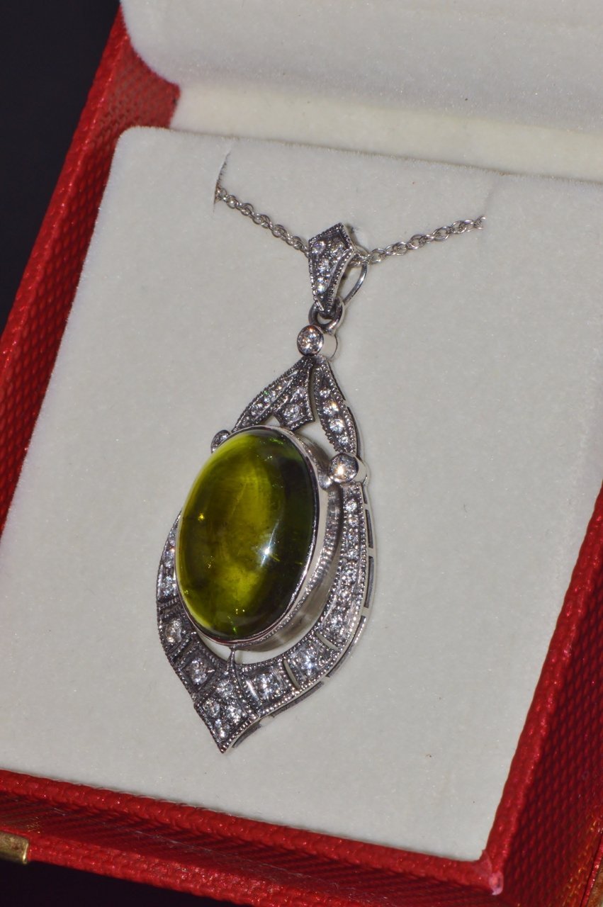 Certified Natural 28.17Cts Diamond Green Tourmaline 18K Gold Art Deco Slide Pendant Necklace