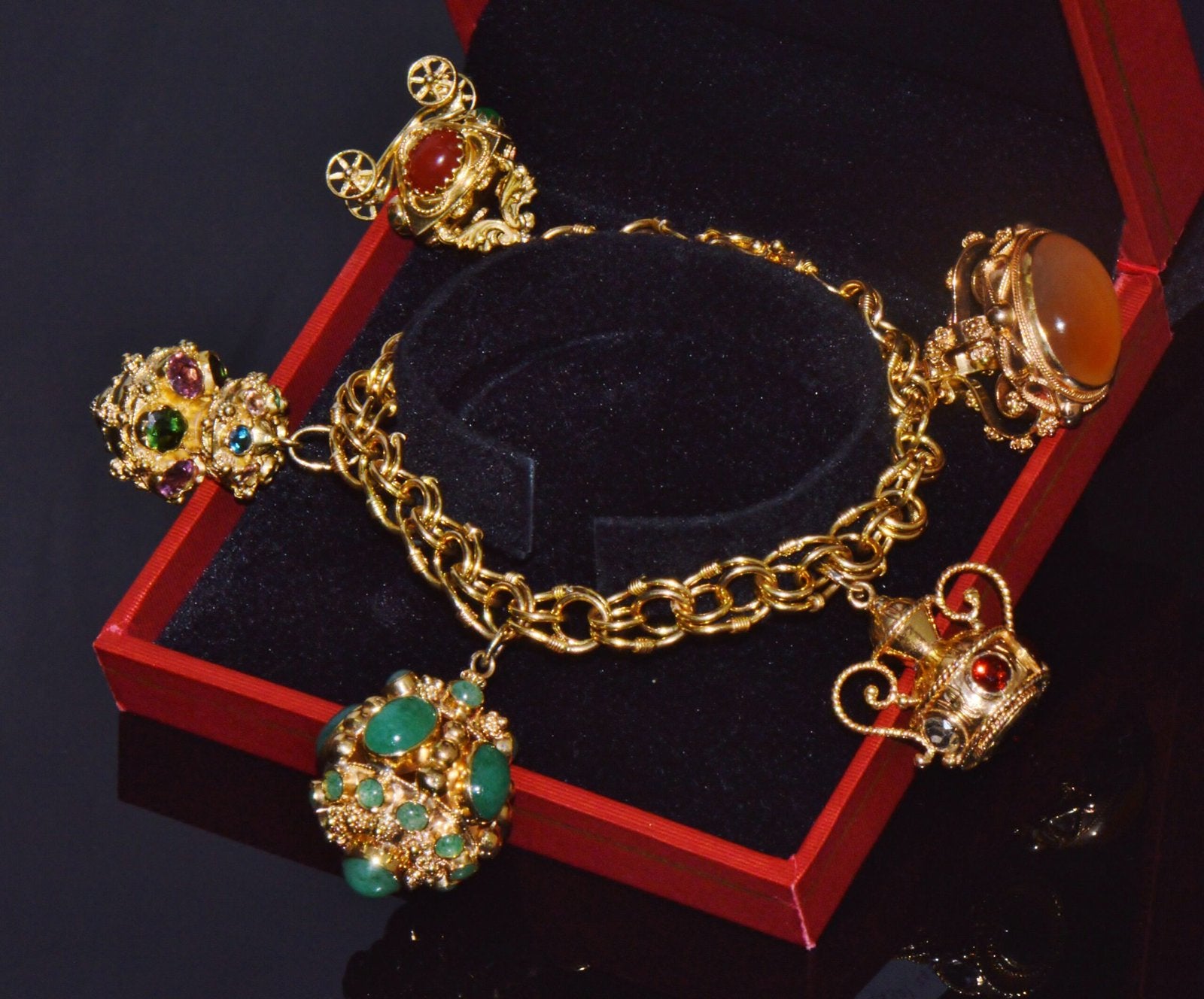 Vintage Portuguese Italian Solid 19.2K & 18K Gold Etruscan Revival Multigem Fob Charm Bracelet