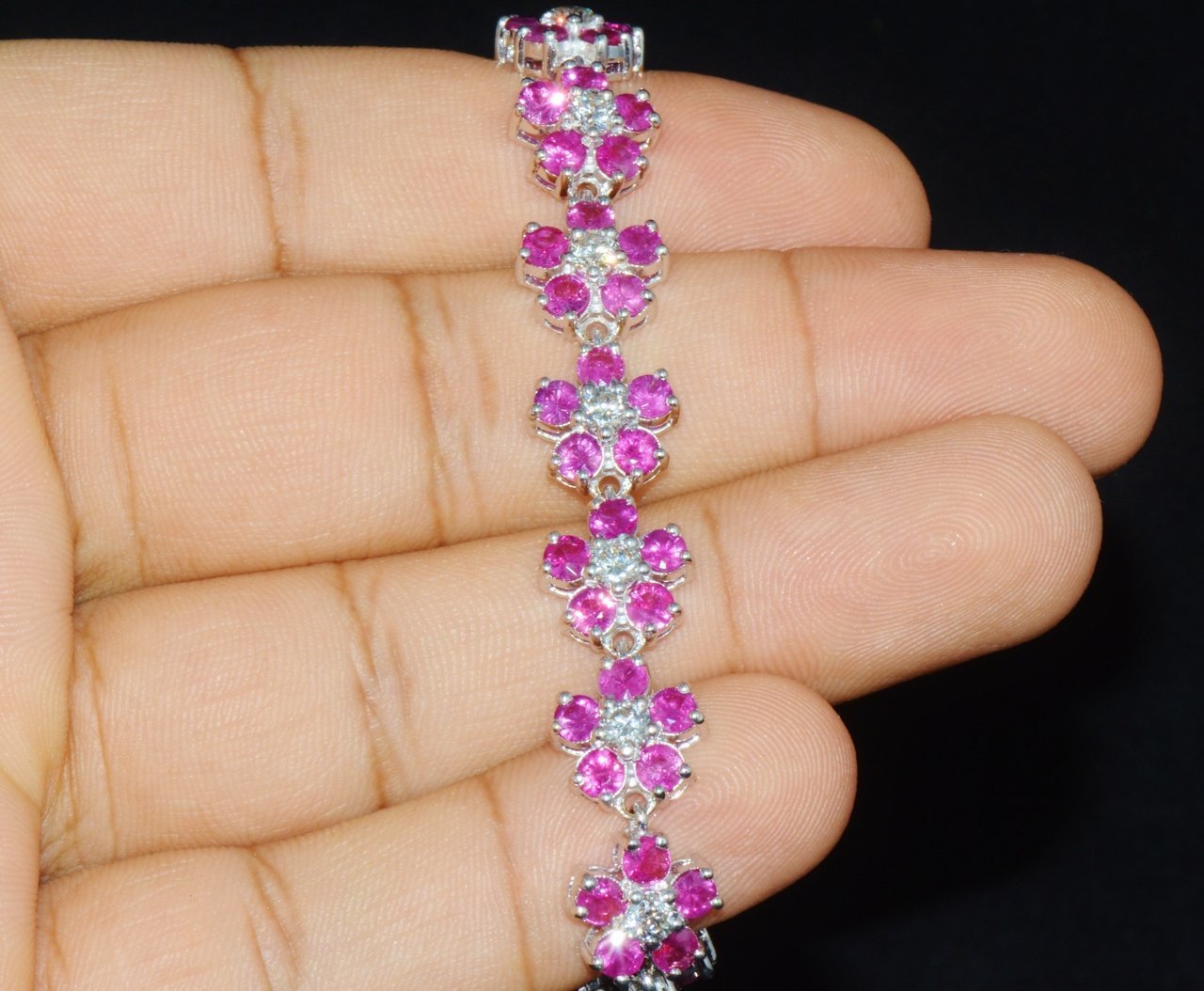 Certified Natural 18.6Ct VS F Diamond Ruby 18K Solid Gold Floral Tennis Bracelet