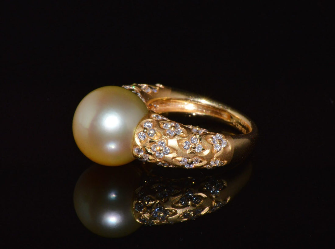Certified Natural 1.31Cts VS F Diamond 13MM South Sea Pearl 18K Solid Gold Ring
