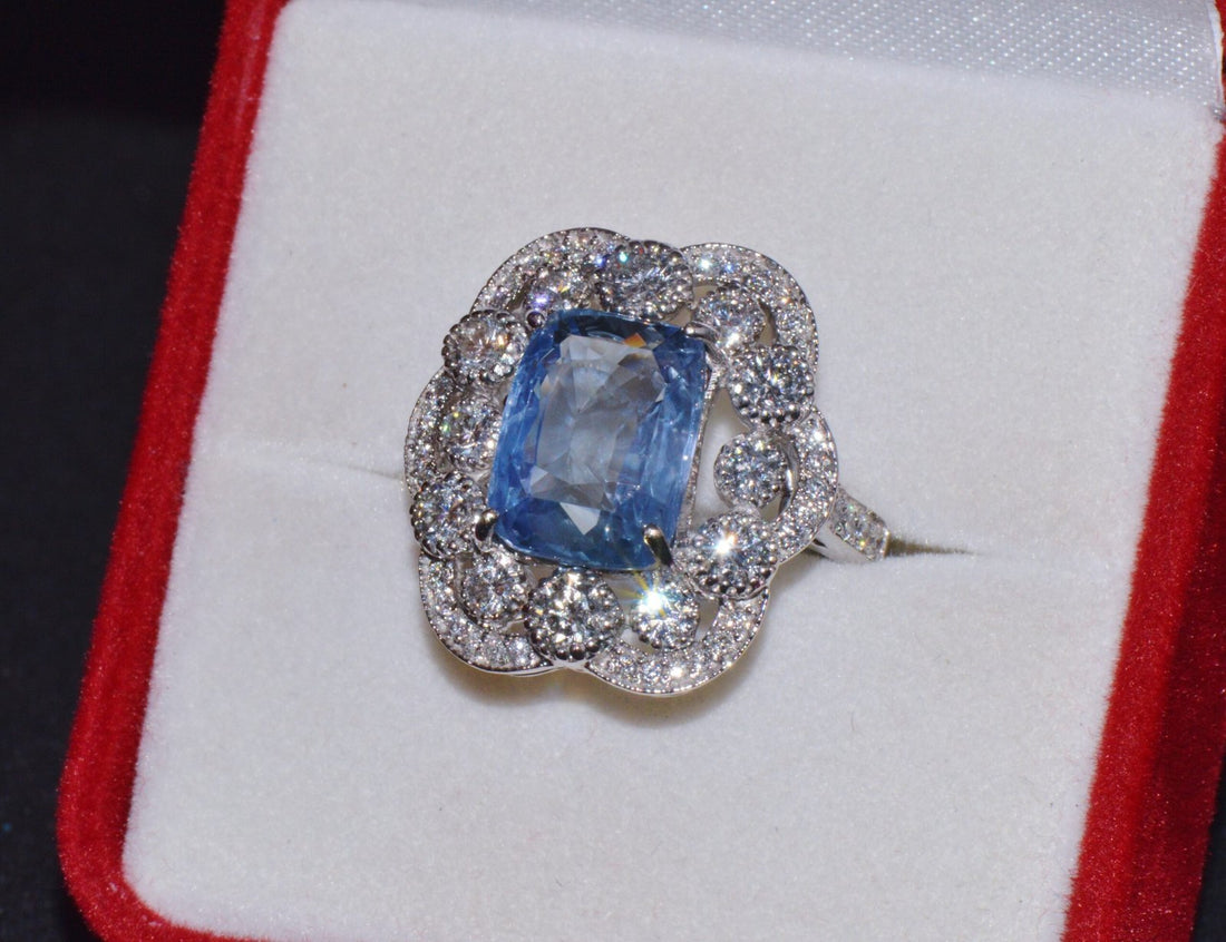 GIA Natural 9.66CTS VS F Diamond No Heat Blue Sapphire 750 18K Gold Cocktail Ring