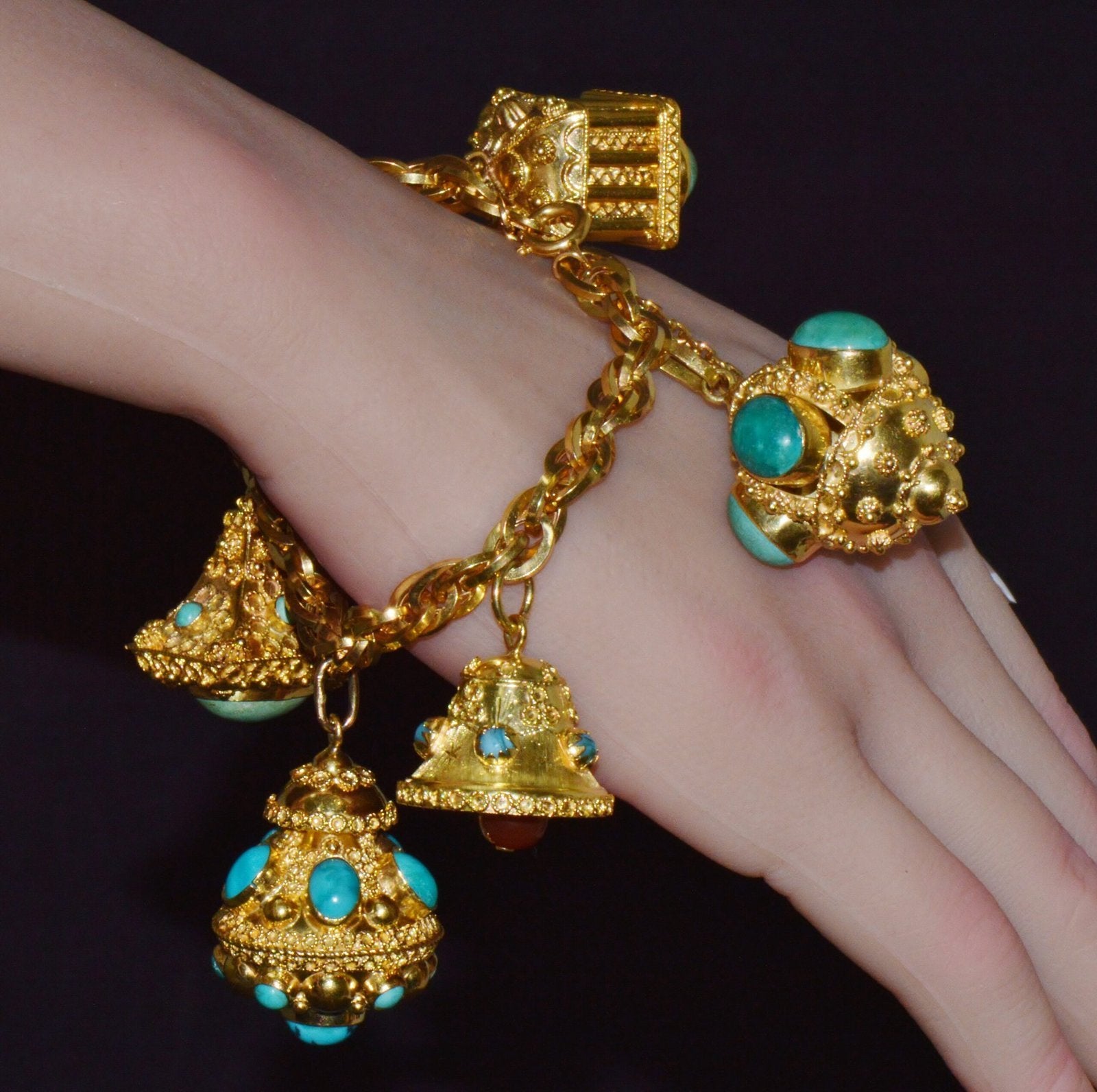 Estate Italian UNOAERRE Etruscan Revival Solid 18K Gold Turquoise Carnelian Charm Fob Bracelet