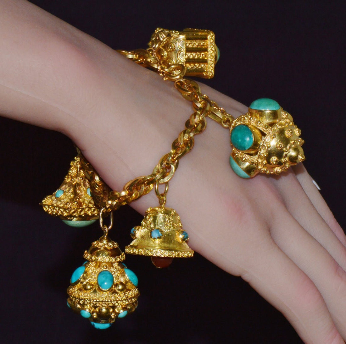 Estate Italian UNOAERRE Etruscan Revival Solid 18K Gold Turquoise Carnelian Charm Fob Bracelet