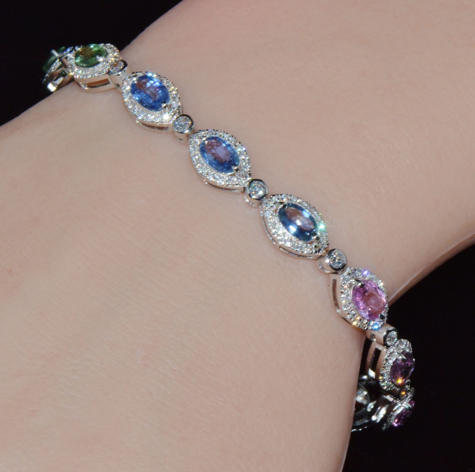 Certified Natural 11.32CTS VS F Diamond Multi-Color Sapphire 18K Solid Gold Tennis Stacking Bracelet