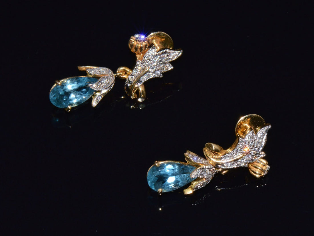 Certified Natural 5.67Cts VS F Diamond Aquamarine 18K Gold Dangle Earrings