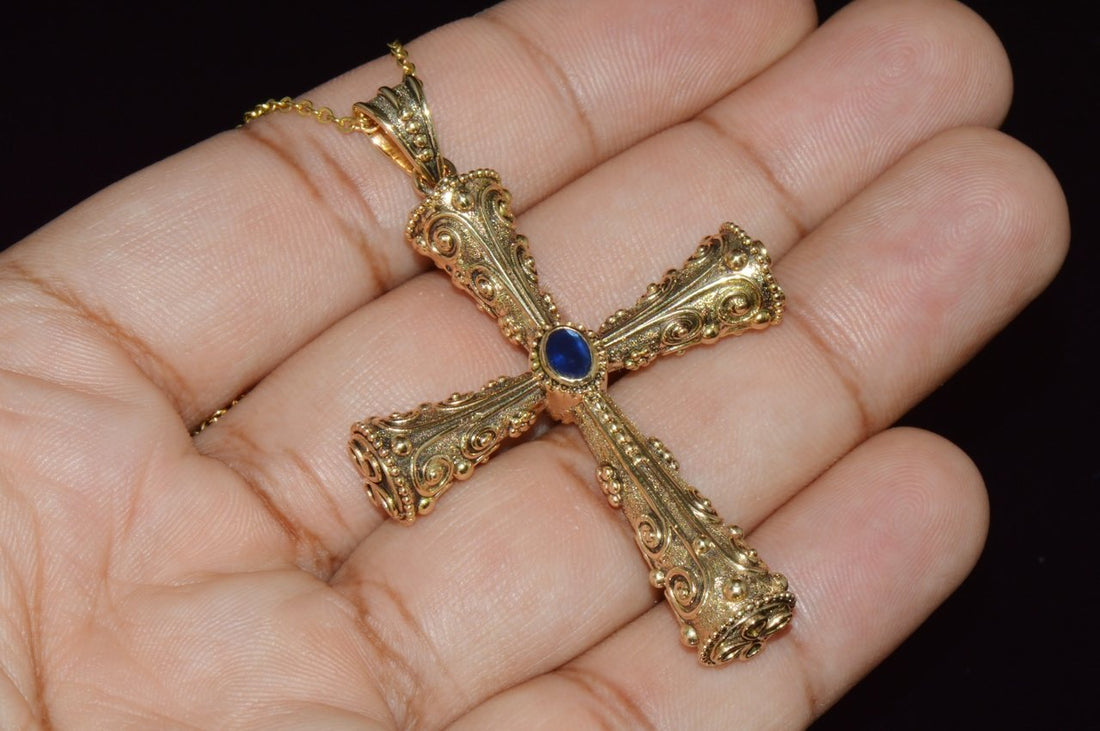 Certified Natural 0.88Cts Diamond Sapphire 18K 750 Solid Gold Filigree Cross Byzantine Greek Reversible Pendant