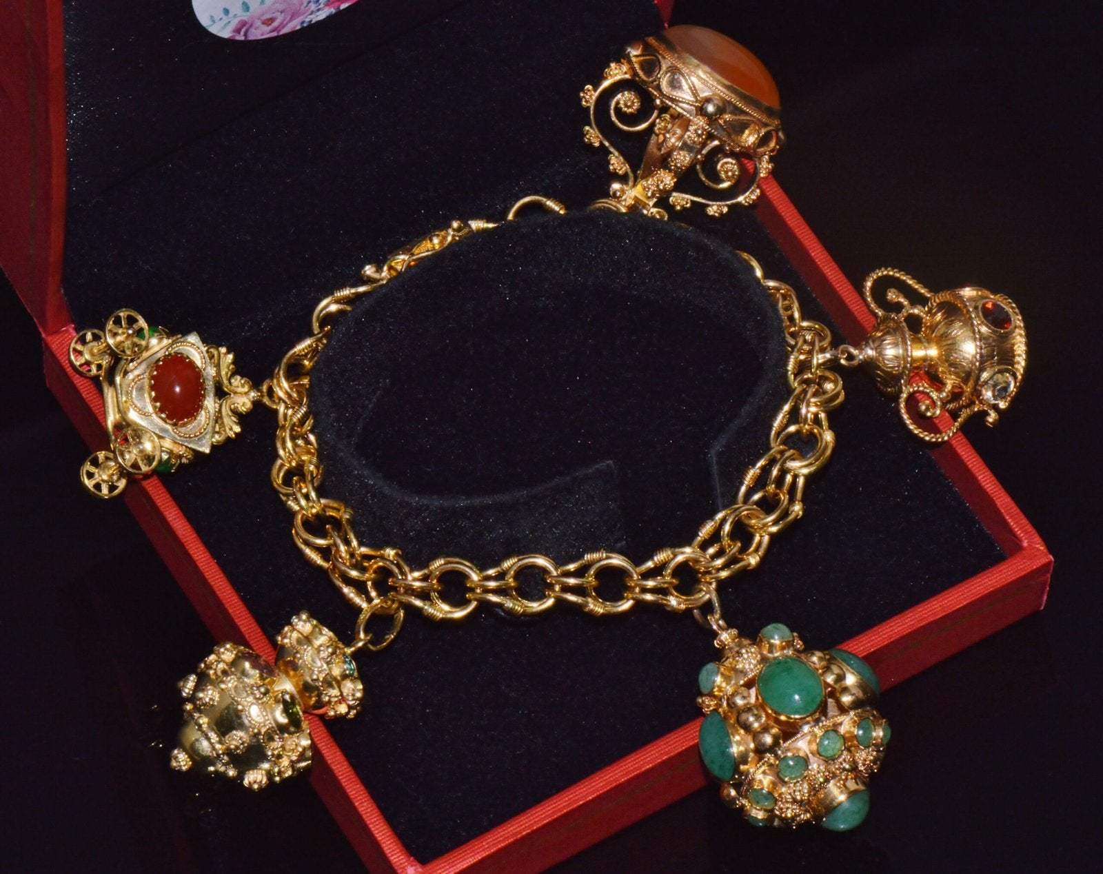 Vintage Portuguese Italian Solid 19.2K & 18K Gold Etruscan Revival Multigem Fob Charm Bracelet