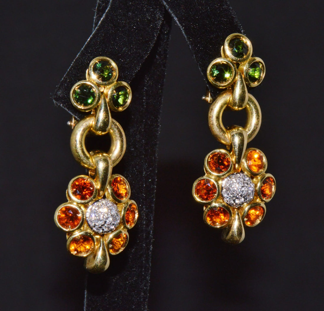 Authentic Vintage Piero Milano 5.40Cts Natural Spessartite Garnet Green Tourmaline Diamond Solid 18K Gold Earrings