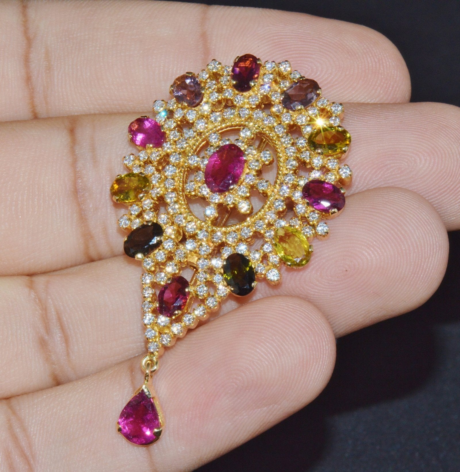 Certified Natural 10.46Cts VS G Diamond Multi Tourmaline 18K Gold Pendant Brooch