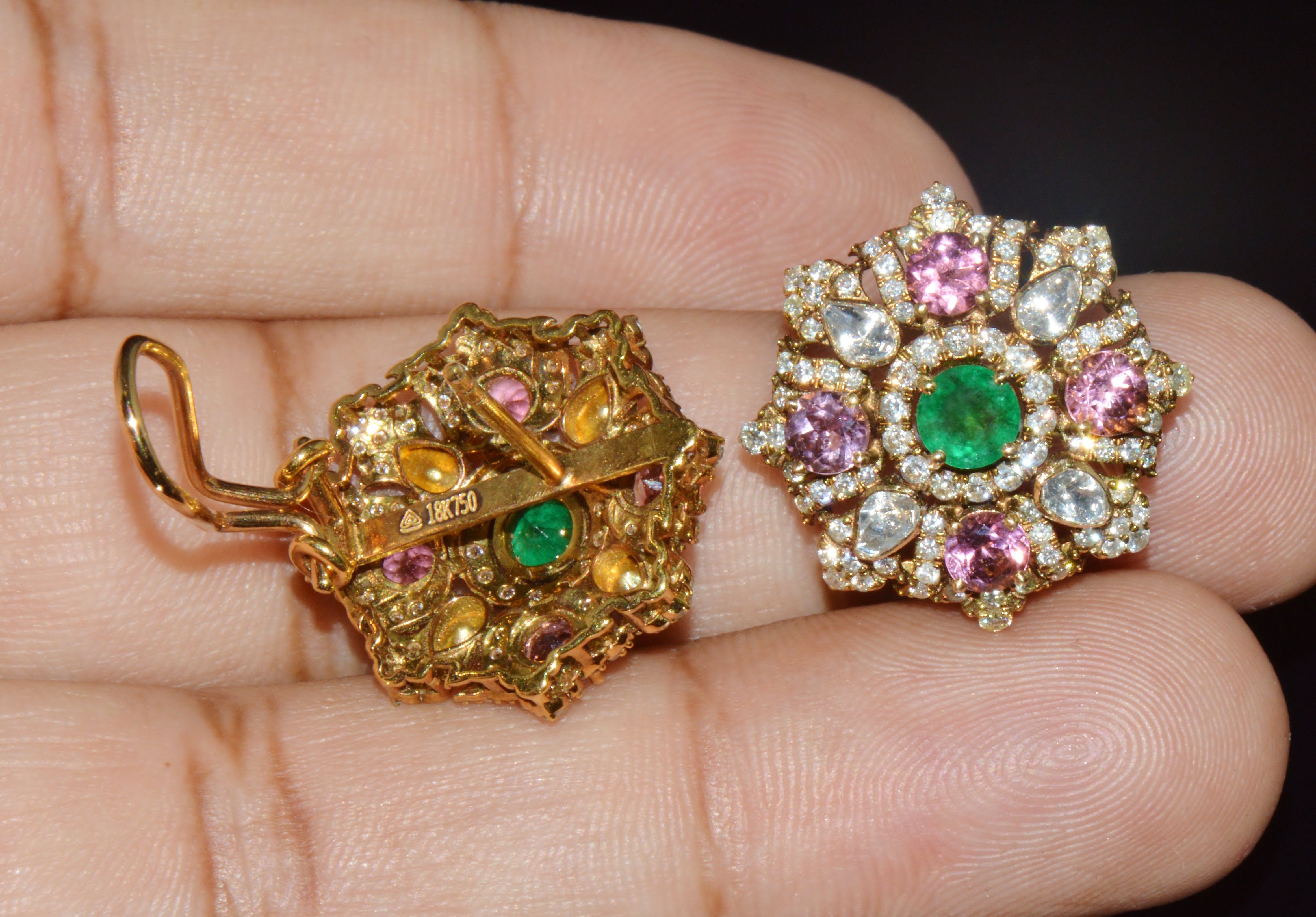 Natural 4.89CTS Diamond, Emerald & Pink Tourmaline 18K Gold Floral Earrings