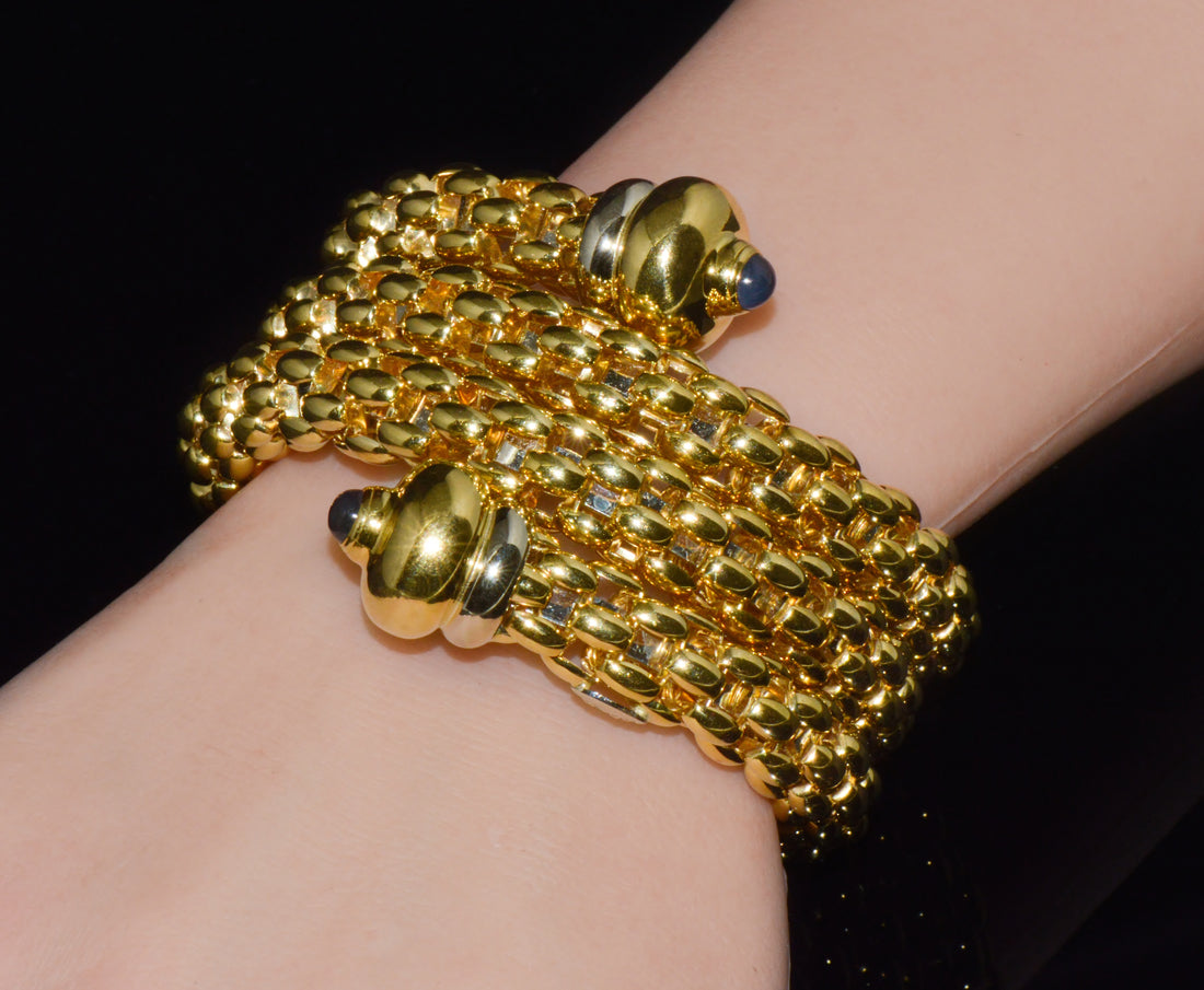 Italian FOPE Flex’it Blue Sapphire Woven Triple Wrap Bangle Bracelet in 18K Yellow & White Gold