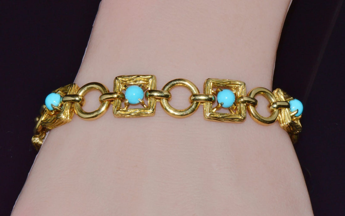 Vintage Mid-Century Solid 18K Gold & Natural Persian Turquoise Bracelet