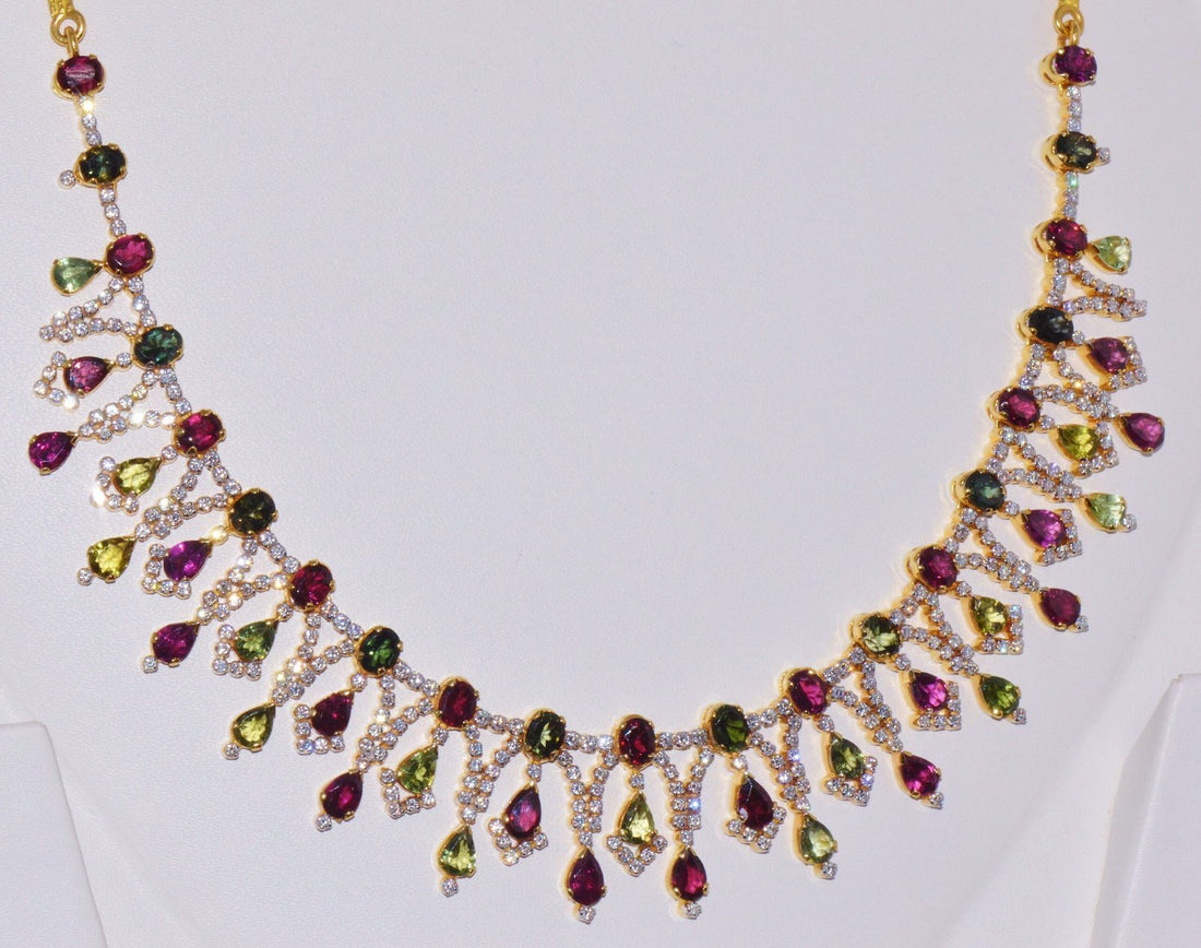 Certified Natural 26.2CTS VS G Diamond Tourmaline 18K Solid Gold Cocktail Necklace