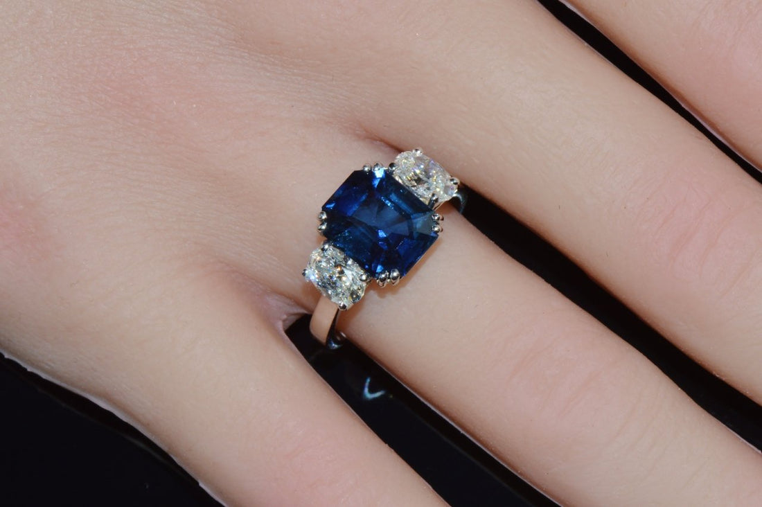 GIA Certified Natural 5.11CTS VVS F Diamond Royal Blue Sapphire 950 Platinum 3 Stone Ring