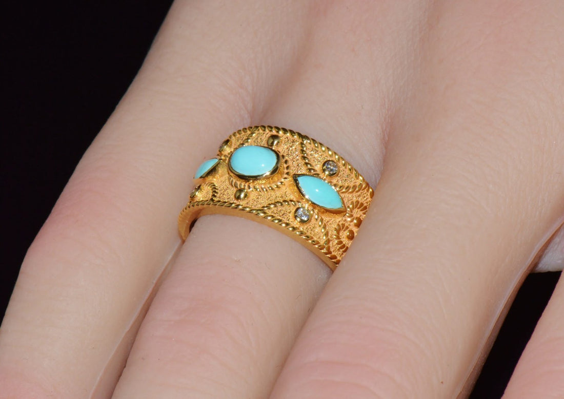 Gorgeous Natural Diamond Persian Turquoise 18K Solid Gold Byzantine Beaded Greek Ring Stacking Band