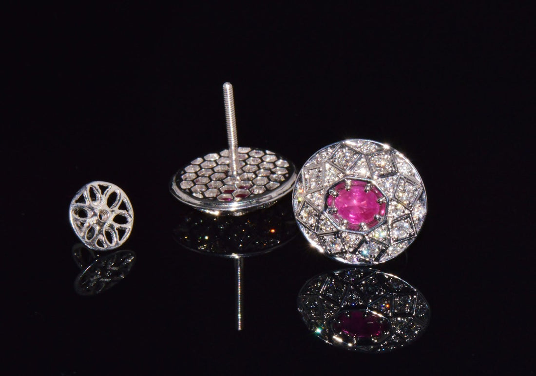 Certified Natural 1.6CTS VS F Diamond Ruby 18K Solid Gold Geometric Disc Earrings