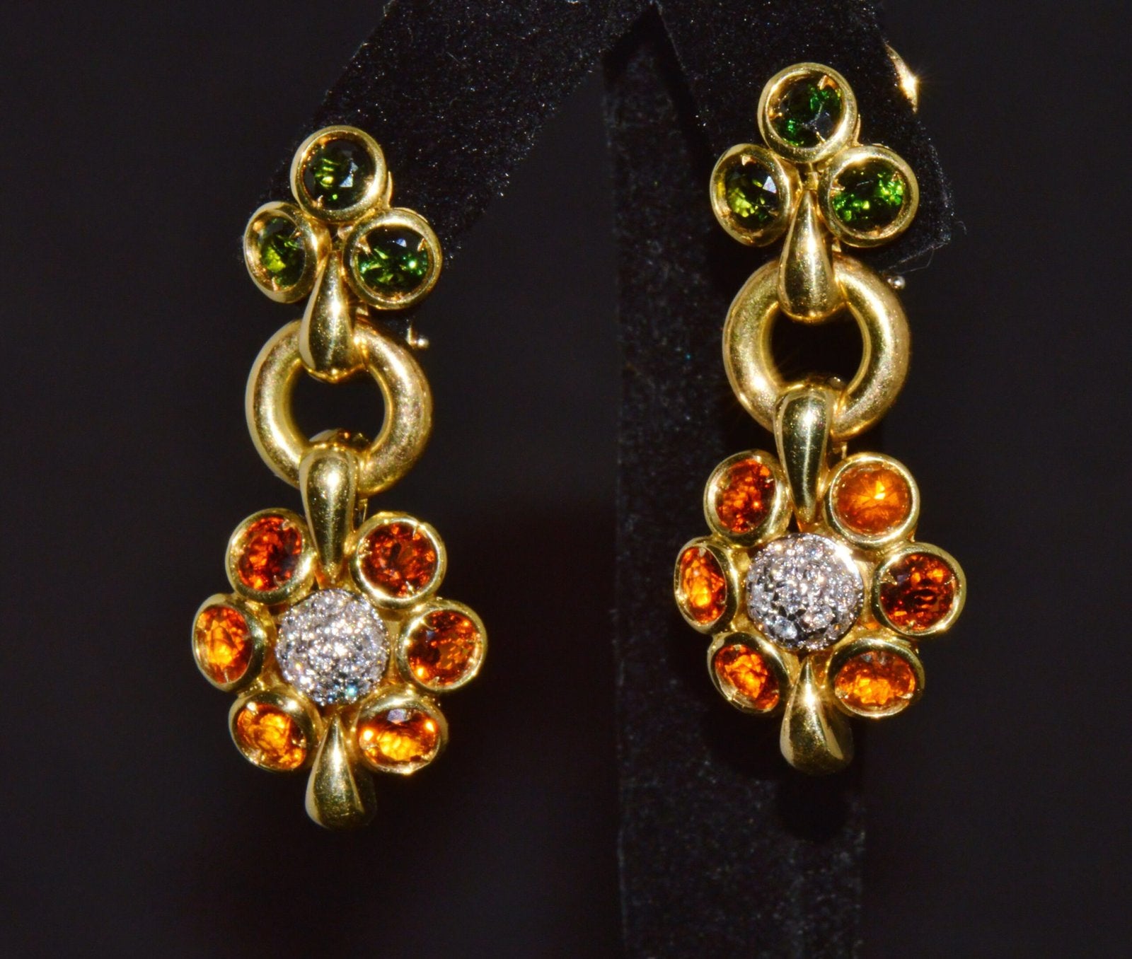 Authentic Vintage Piero Milano 5.40Cts Natural Spessartite Garnet Green Tourmaline Diamond Solid 18K Gold Earrings