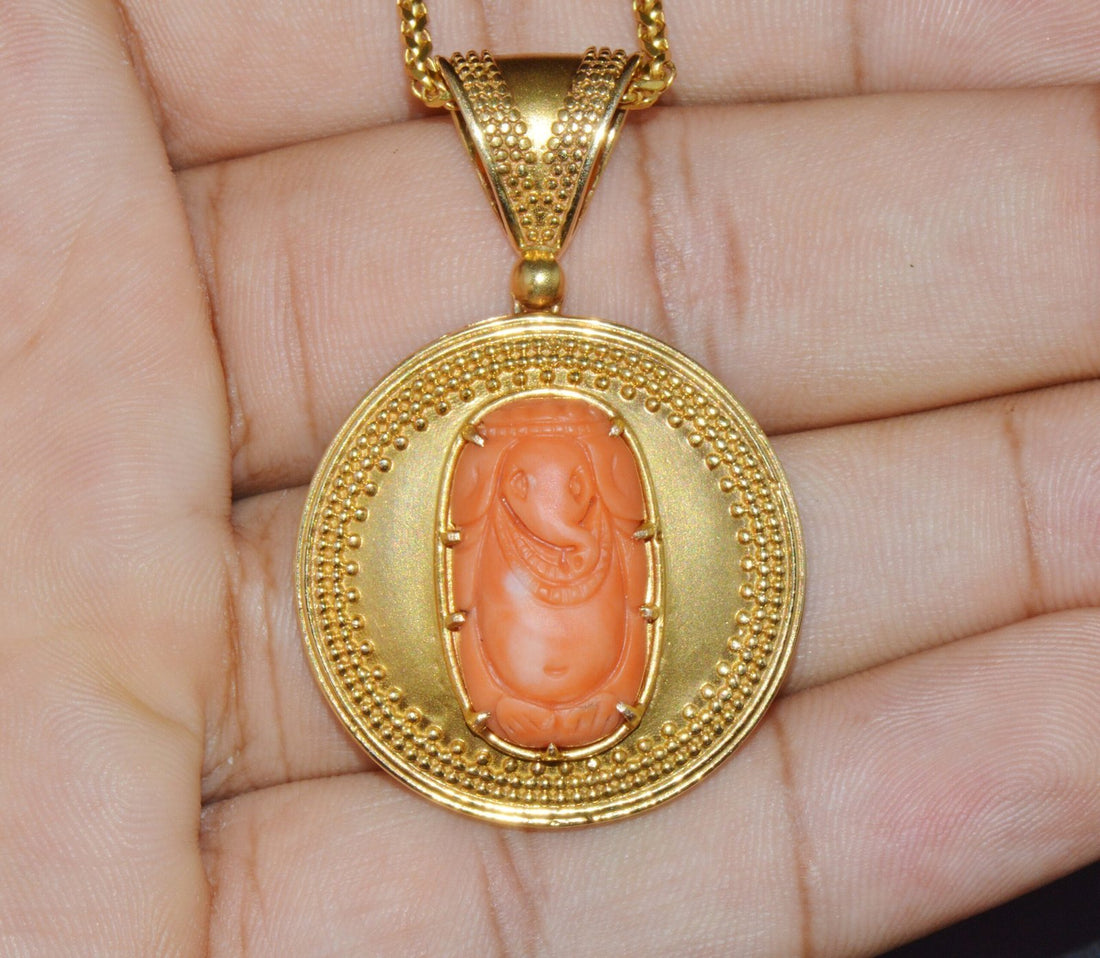 Certified Natural Carved Ganesh Coral 18K Solid Gold Pendant